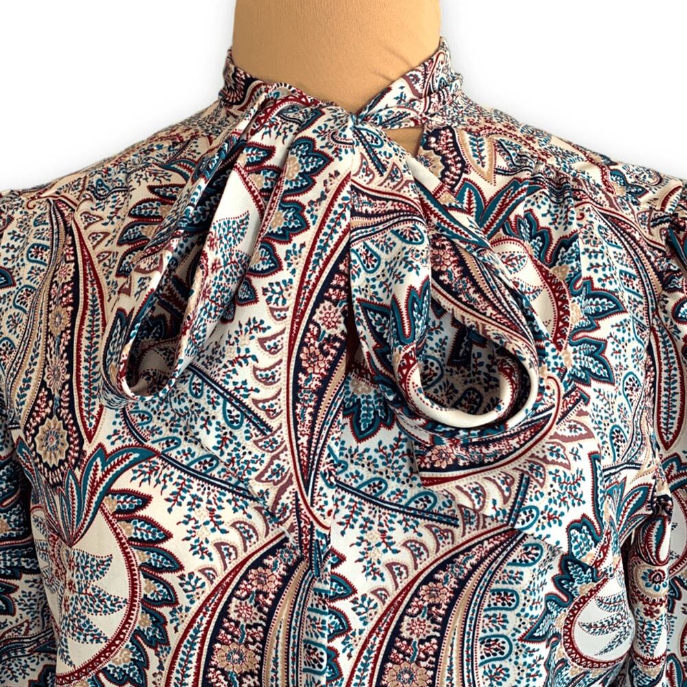 Vintage 80s Blouse Tie Neck Burgundy Paisley Long Puff Sleeve Boho Retro Large